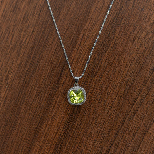 Lime Radiance Pendant Necklace – Cushion-Cut Lime Yellow Lab-Created Gemstone with Cubic Zirconia Halo, Silver-Tone Chain – Elegant Jewelry for Women, Ideal Gift for All Occasions