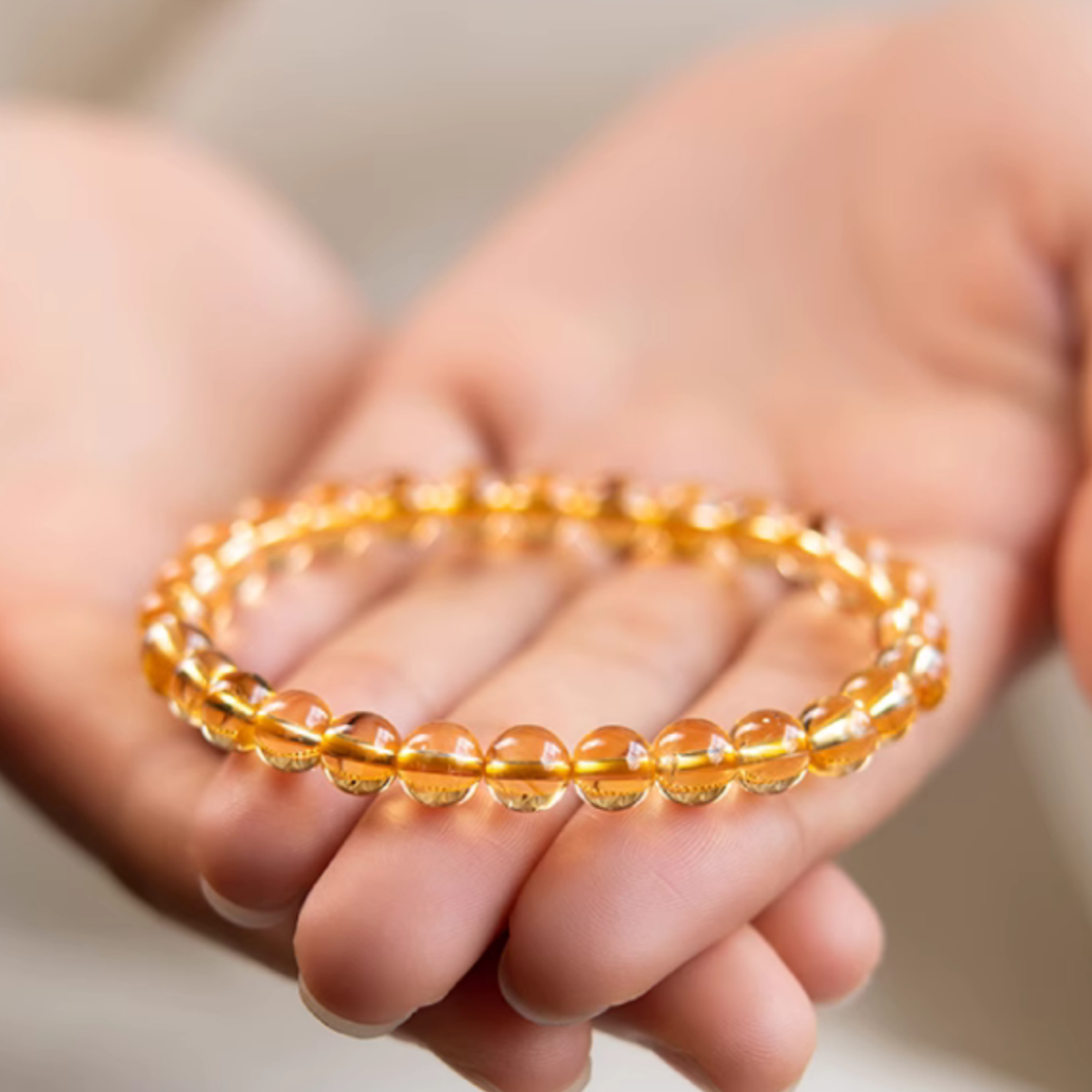 Natural Citrine Beaded Bracelet – 6mm Round Yellow Crystal Beads, Handmade Elastic Bracelet for Women & Men