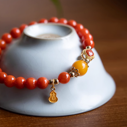 Natural Red Agate & Baltic Amber Beaded Bracelet – Handmade Luxury Jewelry with Gold Accents, Elastic Fit for Women & Men