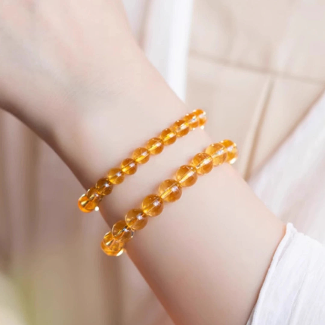 Natural Citrine Beaded Bracelet – 6mm Round Yellow Crystal Beads, Handmade Elastic Bracelet for Women & Men