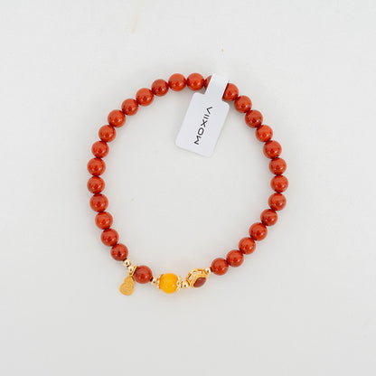 Natural Red Agate & Baltic Amber Beaded Bracelet – Handmade Luxury Jewelry with Gold Accents, Elastic Fit for Women & Men