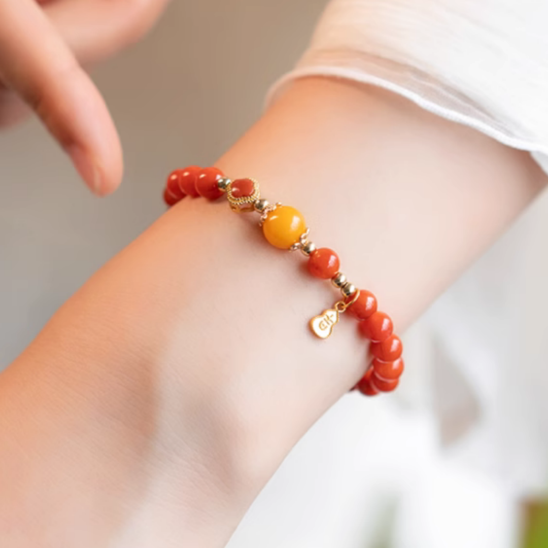 Natural Red Agate & Baltic Amber Beaded Bracelet – Handmade Luxury Jewelry with Gold Accents, Elastic Fit for Women & Men