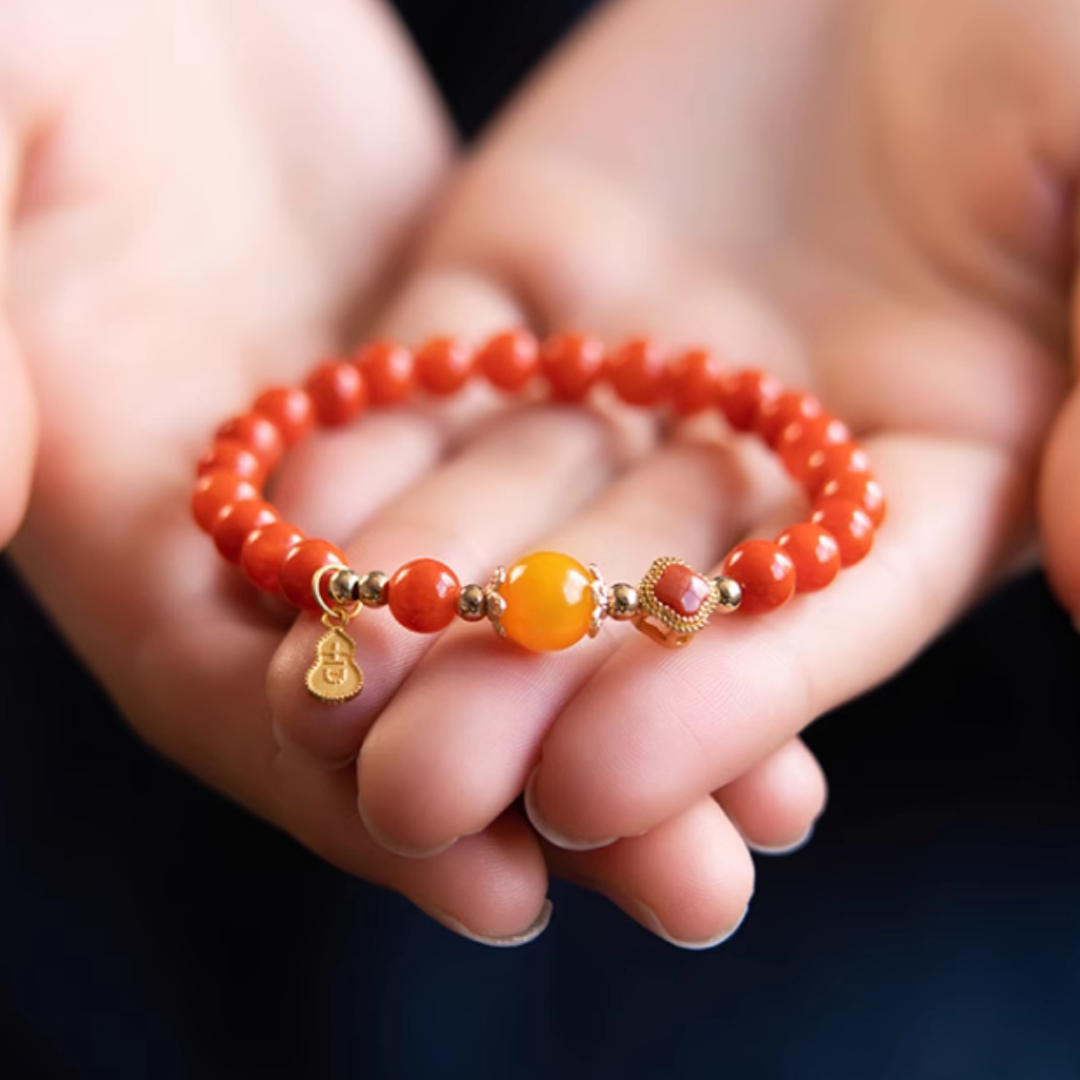 Natural Red Agate & Baltic Amber Beaded Bracelet – Handmade Luxury Jewelry with Gold Accents, Elastic Fit for Women & Men