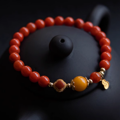 Natural Red Agate & Baltic Amber Beaded Bracelet – Handmade Luxury Jewelry with Gold Accents, Elastic Fit for Women & Men